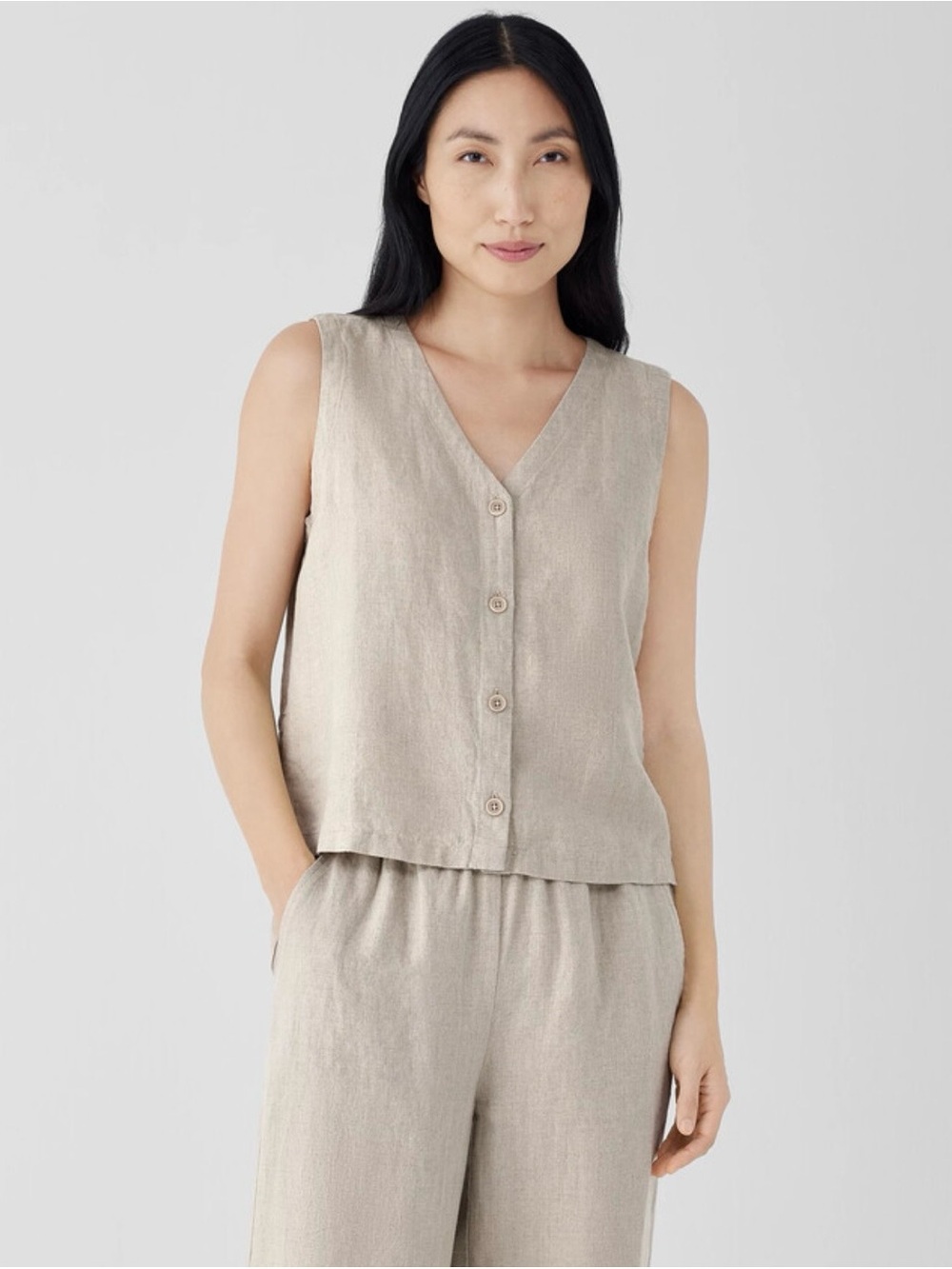 Eileen Fisher V-Neck Button-Front Organic Linen Top or Vest